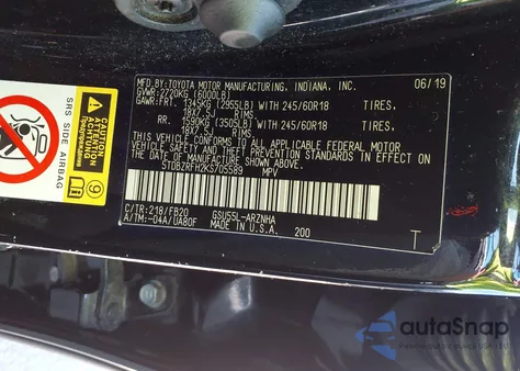 2019 Toyota Highlander Le из США, поврежденный, VIN 5TDBZRFH2KS705589